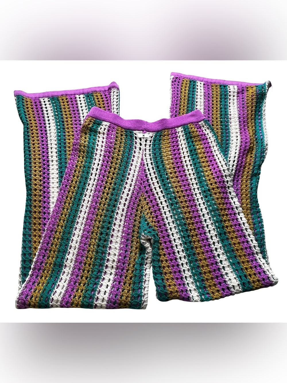 Hurley Crochet Beach Pants Striped purple Mesh Cover Up Wide Leg Women’s medium - Picture 3 of 11